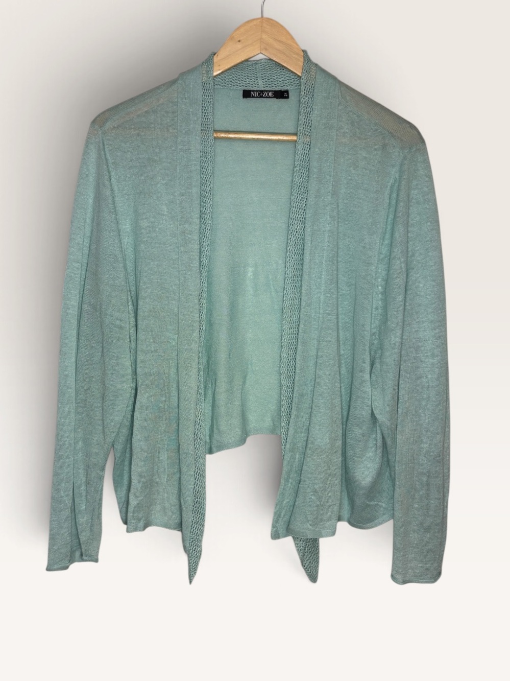 Women's Nic + Zoe 3/4 Sleeve Linen Blend Open Cardigan Teal Turquoise Size 2X